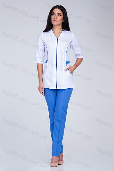 Медицинский костюм-модель-22107 (ткань-х/б/белый/синий/размер 42,48,52,54,58,60)