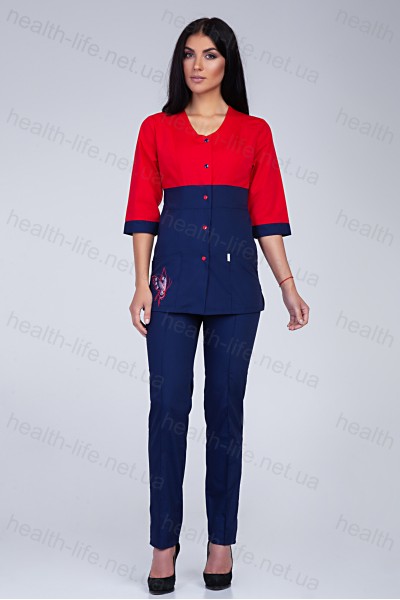 Медицинский костюм-модель-2291 (ткань-х/б/красный/темно-синий/вышивка/размер 40-60)
