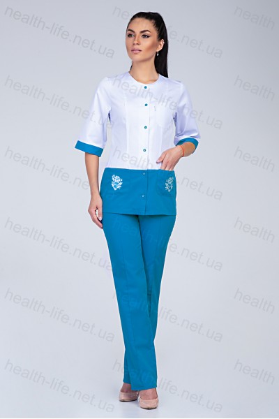 Медицинский костюм-модель-3227 (ткань-коттон/белый/бирюзовый/вышивка/размер 40,42,48)